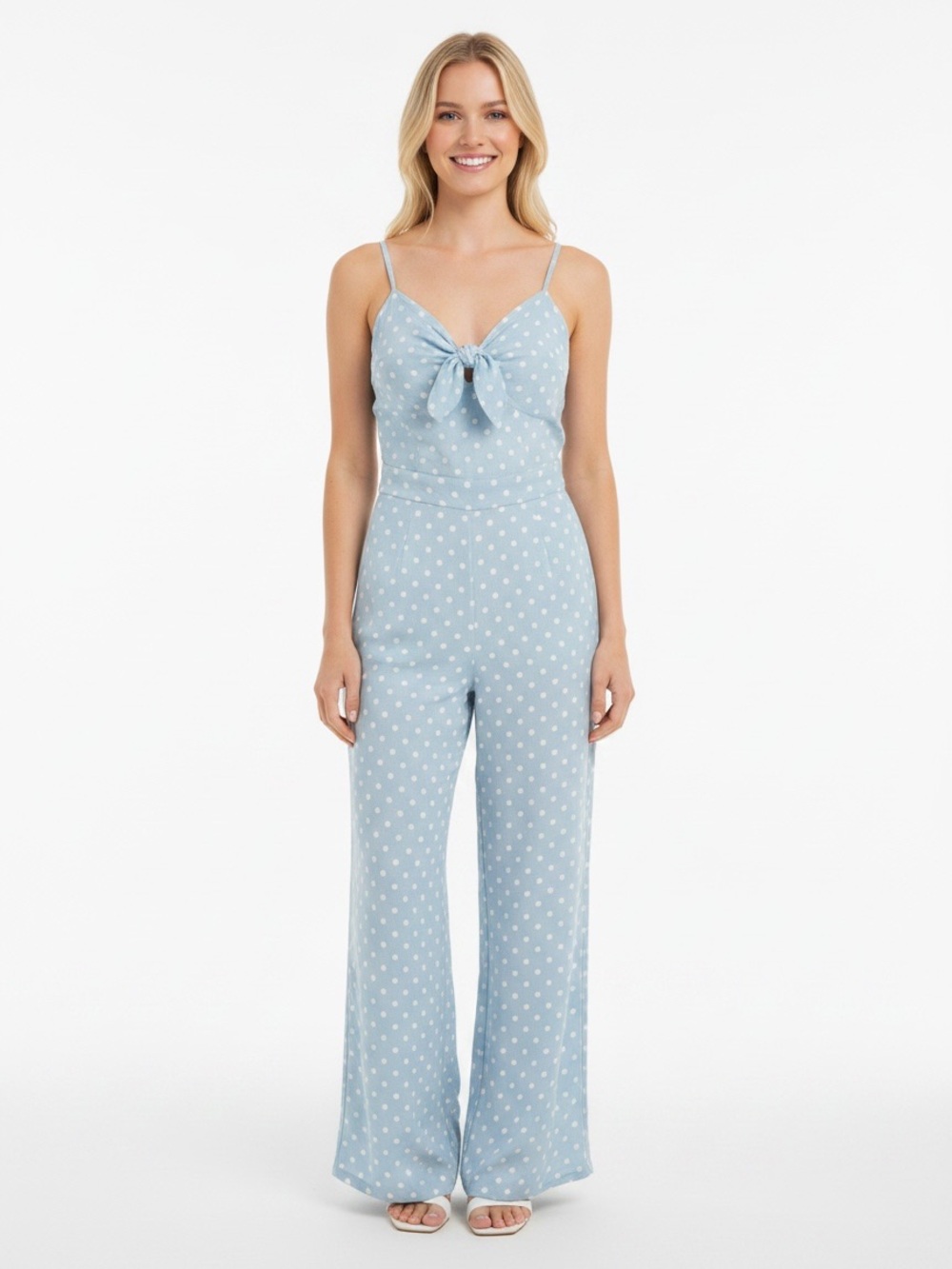 Romeo & Juliet Couture Blue Chambray Polka Dot Jumpsuit
